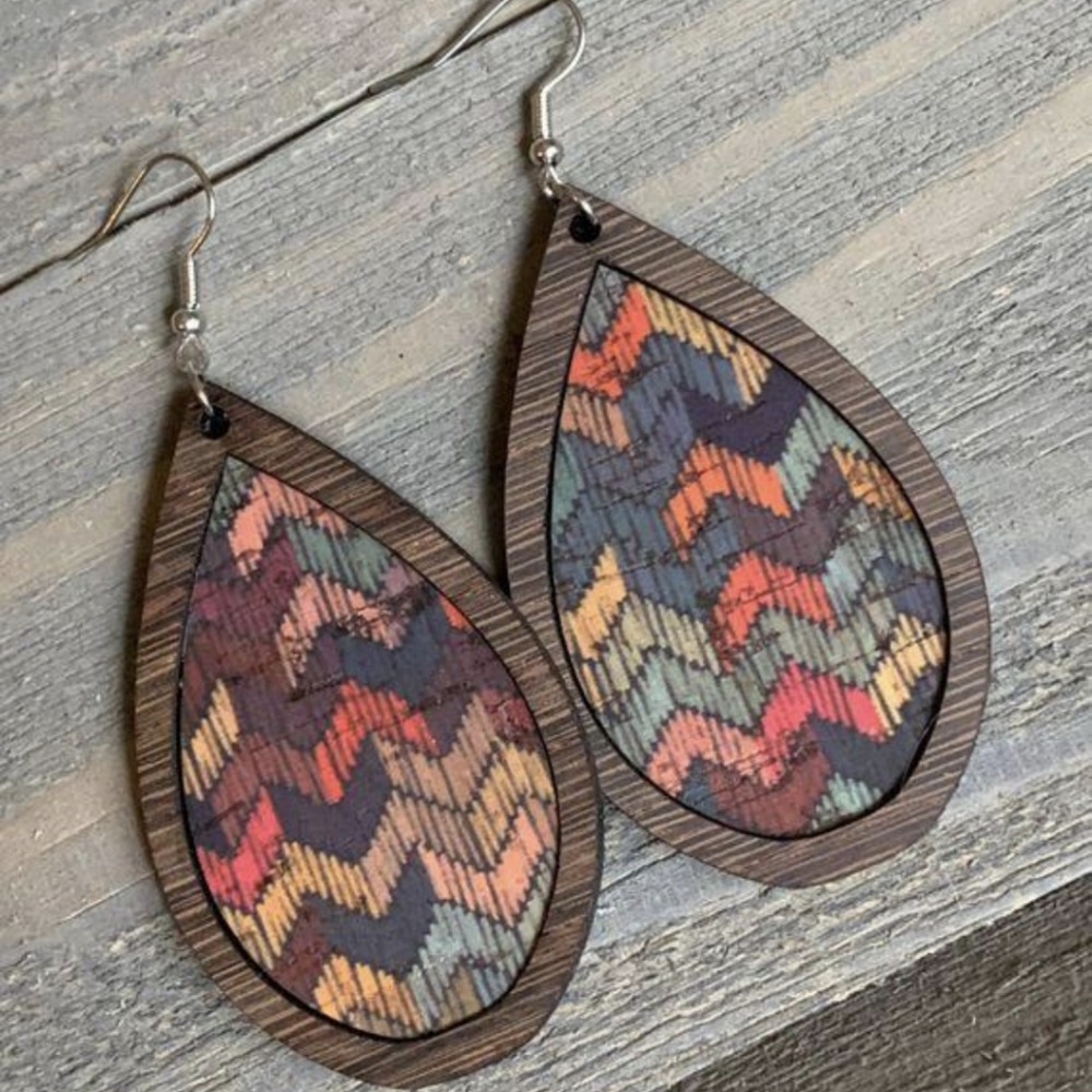 Wood Teardrop Earrings with Rainbow Chevron Cork